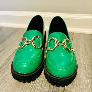 Green Patent Faux Leather Chunky Sole Buckle Loafers with Gold Accents